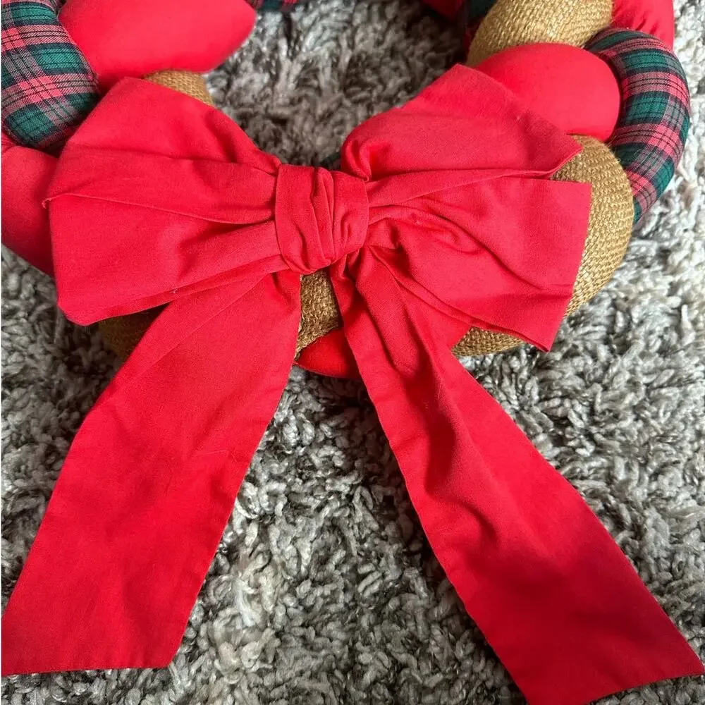 Braided Burlap Fabric Plaid Christmas Wreath Stuffed Handmade Rustic Farmhouse